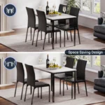 Dining Table and Chairs Set of 4, Modern Dining Table Set Kitchen Furniture, Marble Effect Dining Table with 4 PU Dining Chairs, - Image 5