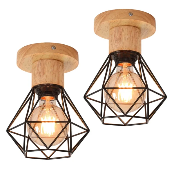 Set of 2 E27 Vintage Chandelier Ceiling Light, Wooden Metal Cage Design Ceiling Lamp