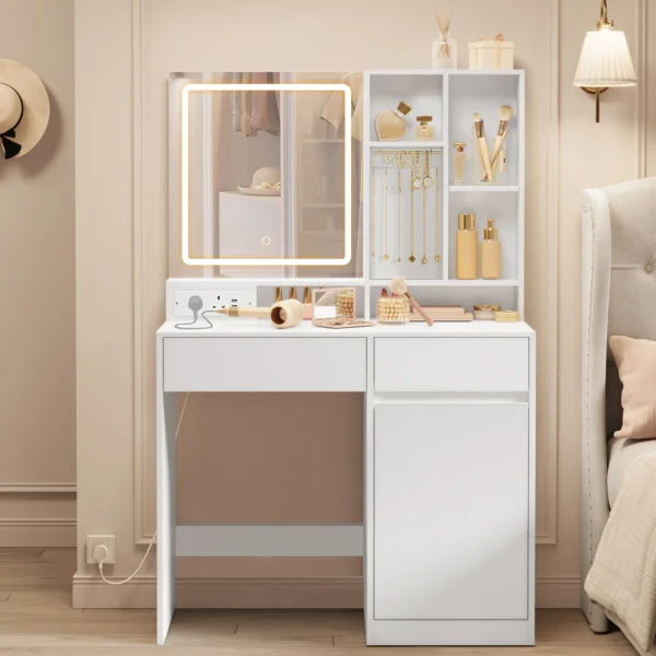 Dressing Table with Mirror and Lights, Power Outlets, Vanity Desk with Drawers