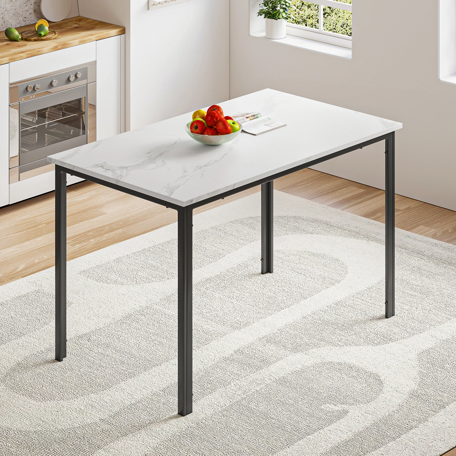 kf-Sef66c51d98fb46f2849625cf0321d8deC Dining Table, Modern Rectangular Kitchen Table with Marble Effect Top and Metal Legs - Image 1