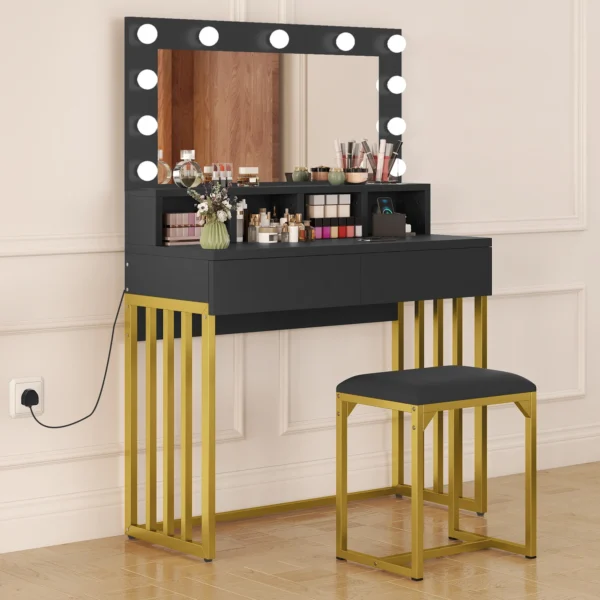 Vanity Dressing Table with LED Mirror & Stool - Black Makeup Desk with 2 Drawers