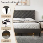 4ft6 Double Upholstered Velvet Bed Frame with Solid Wood Slat and Mute Foam - Image 6