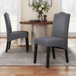 Set of 2 Grey Velvet High Back Dinning Chairs for Dining Room Bedroom Kitchen,Rubber wood Legs Home Dining Chairs - Image 2