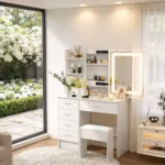 White Modern Led Vanity Set, 3 Color Dimmable Mirror & Stool, 5 Storage Drawers Makeup Dressing Desk for Bedroom