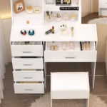 White Modern Led Vanity Set, 3 Color Dimmable Mirror & Stool, 5 Storage Drawers Makeup Dressing Desk for Bedroom - Image 3