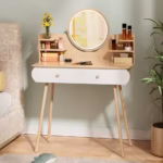 Makeup Vanity Desk, Vanity Table with 2 Drawers and Opening Shelves, Bedroom Dressing Table, 3 Modes Brightness Adjustable