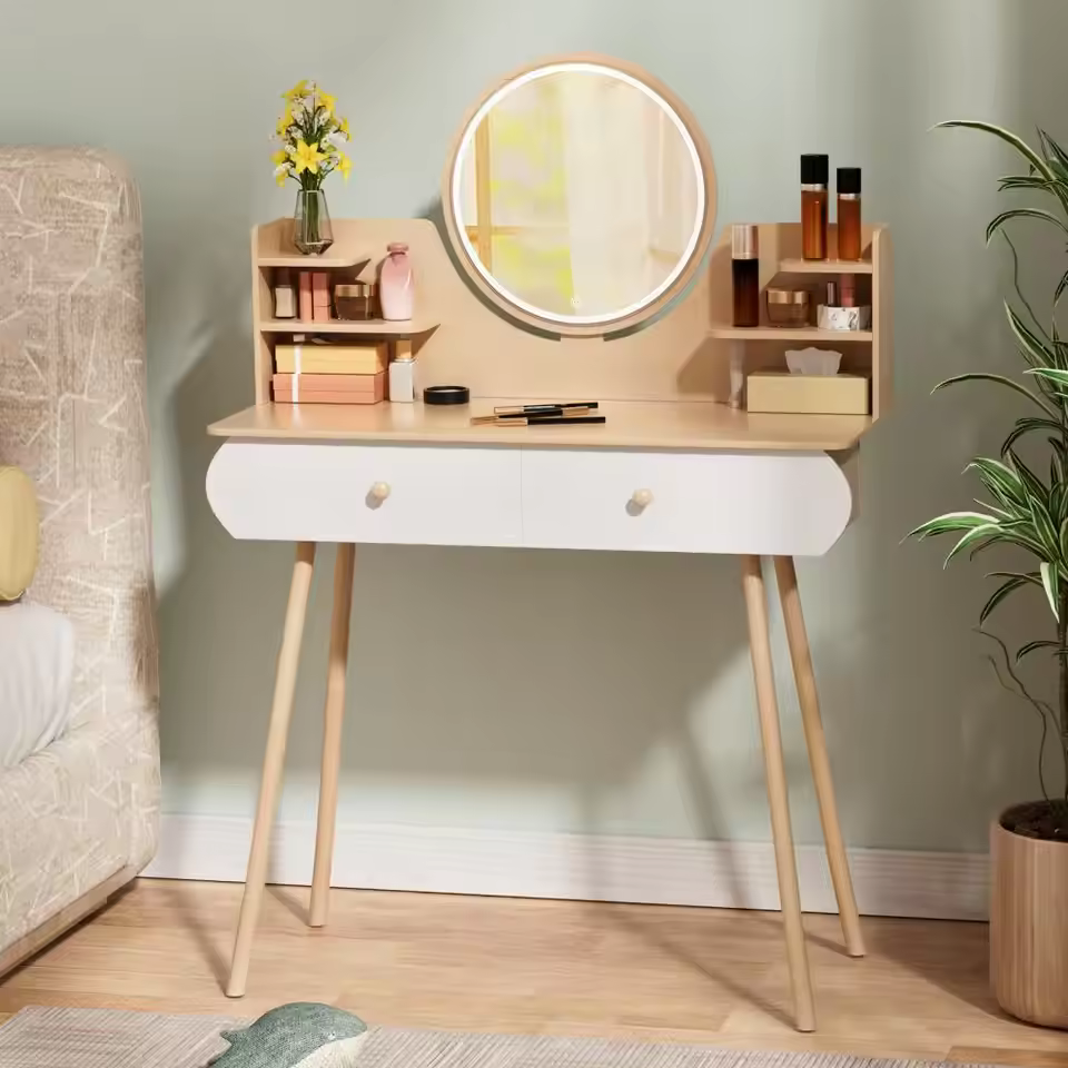 S8b2b16a22a674e05bccc0b9d7b6ef2f7m.jpg_960x960q75.jpg_ Makeup Vanity Desk, Vanity Table with 2 Drawers and Opening Shelves, Bedroom Dressing Table, 3 Modes Brightness Adjustable - Image 1