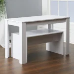 Kitchen Apartment Dining Table Desk, 2 Benches to Seat 4, Wooden 3pcs Dinette Table and Chairs Set Space Saving - Image 2