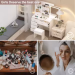White Modern Led Vanity Set, 3 Color Dimmable Mirror & Stool, 5 Storage Drawers Makeup Dressing Desk for Bedroom - Image 4