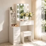 Makeup Vanity Desk with 3 Color Adjustable Dimmable Led Lighted Mirror, 6 Storage Drawers, Modern Bedroom Dresser Table