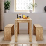 Kitchen Apartment Dining Table Desk, 2 Benches to Seat 4, Wooden 3pcs Dinette Table and Chairs Set Space Saving