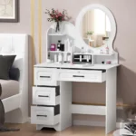 Makeup Desk with Mirror, Large Vanity Desk with Storage Shelves, 4 Drawers, Vanity Table with Light, Bedroom Dressing Table