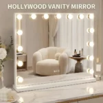 White LED Vanity Mirror Desktop Makeup Mirror with 15 Bulbs 3 Color Modes USB Charging Port Bedroom Dimmable LED Makeup Mirror