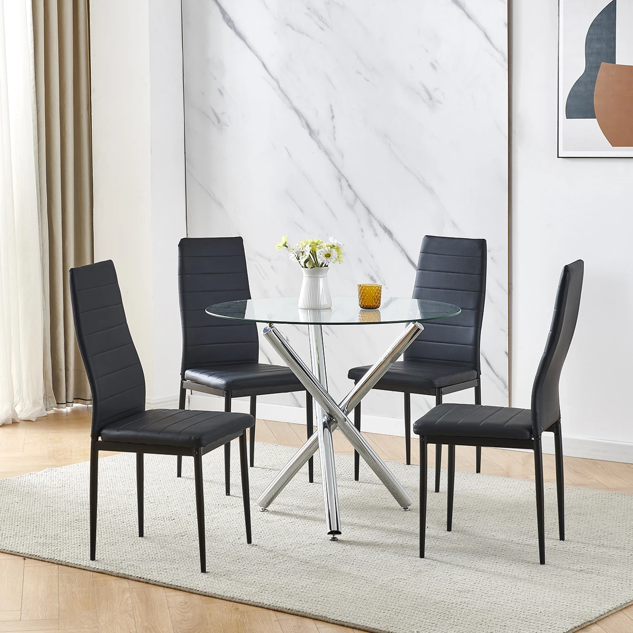 kf-S0510db0c386c45aabdc500957ca878d1E OIRA 5Pcs Round Glass Dining Table Set, Clear Dining Table with 4Pcs Dining Chairs for Dining Room Kitchen - Image 1