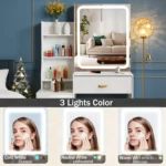 White Vanity Desk Set with 10 Led Bulbs 3 Color Dimmable Makeup Mirror, Stool & Storage, Bedroom Dressing Table Furniture - Image 3