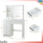 Dressing Table Mirror Drawers Vanity Makeup Desk Stool Set With LED Lights White - Image 6