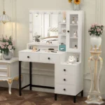 White Modern Vanity Set, 3 Color Dimmable Led Lighted Mirror, 5 Drawers, Easy Assembly Bedroom Makeup Furniture
