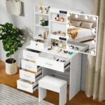New White Dressing Desk Makeup Vanity, 3 Color Dimmable 10 Led Bulbs Mirror, Storage Makeup Dresser Table for Bedroom - Image 2