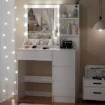 White Makeup Vanity Desk Dressing Table with 10 Led Bulbs Lighted Mirror - Image 5