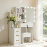 White Vanity Desk Set with 10 Led Bulbs 3 Color Dimmable Makeup Mirror, Stool & Storage, Bedroom Dressing Table Furniture