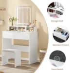 Dressing Table with LED Lights and Mirror, Vanity Desk with Adjustable Brightness, 2 Drawers, 3 Open Shelves, 80x40x140.5cm - Image 4