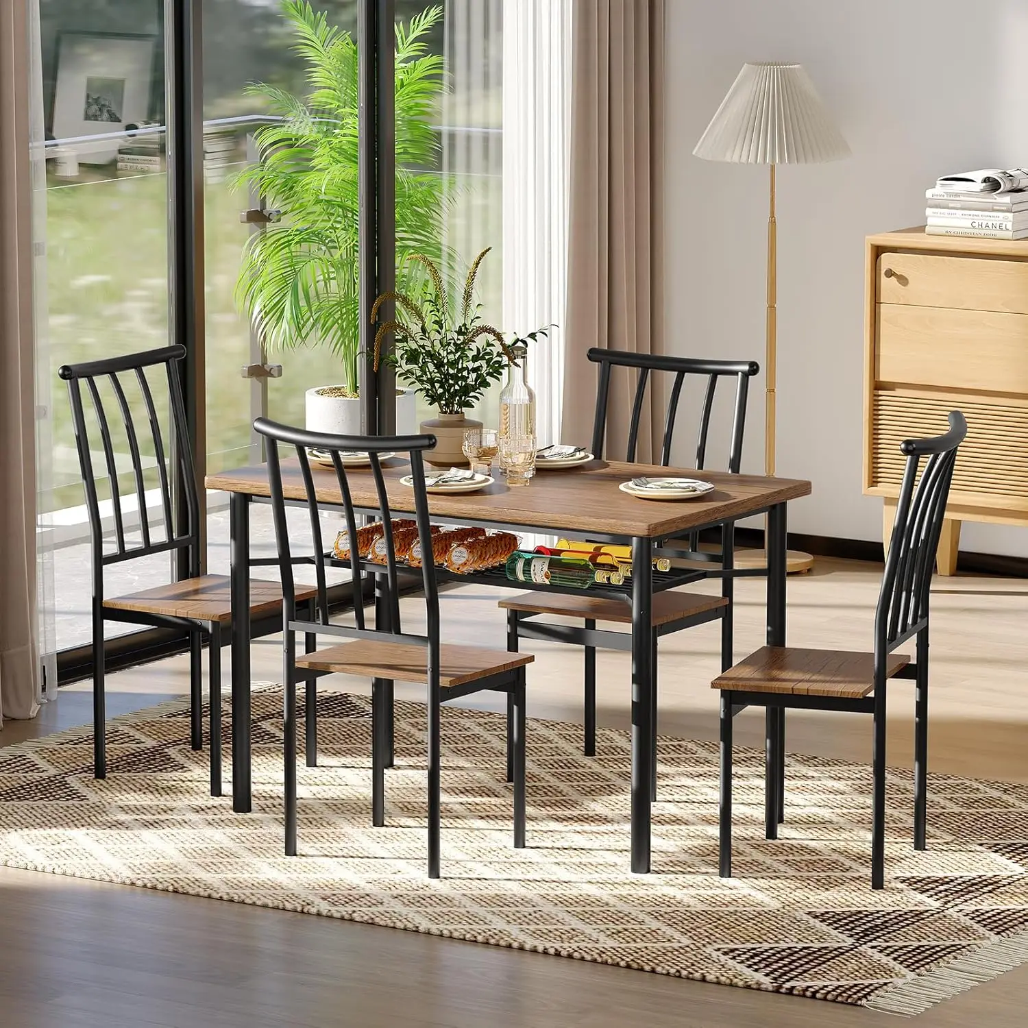 kf-S2dfaf8233c124aa79c4a5427b1194a39u UK Dining Table Set for 4 People, 5-Piece Kitchen Table and Chairs with Storage Rack, Metal and Wood Rectangular Dining Room Tab - Image 1