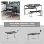 Kitchen Dining Table and Bench Set, Modern 4 Seater Dining Table with Bench Set Metal Frame Wooden Kitchen Dining Room Furniture - Image 2
