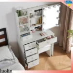 Dressing Table Mirror Drawers Vanity Makeup Desk Stool Set With LED Lights White - Image 4