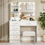 New White Dressing Desk Makeup Vanity, 3 Color Dimmable 10 Led Bulbs Mirror, Storage Makeup Dresser Table for Bedroom - Image 5