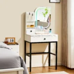 Dressing Table with LED Lighting, 1 Drawer Vanity Table with Unique Mirror
