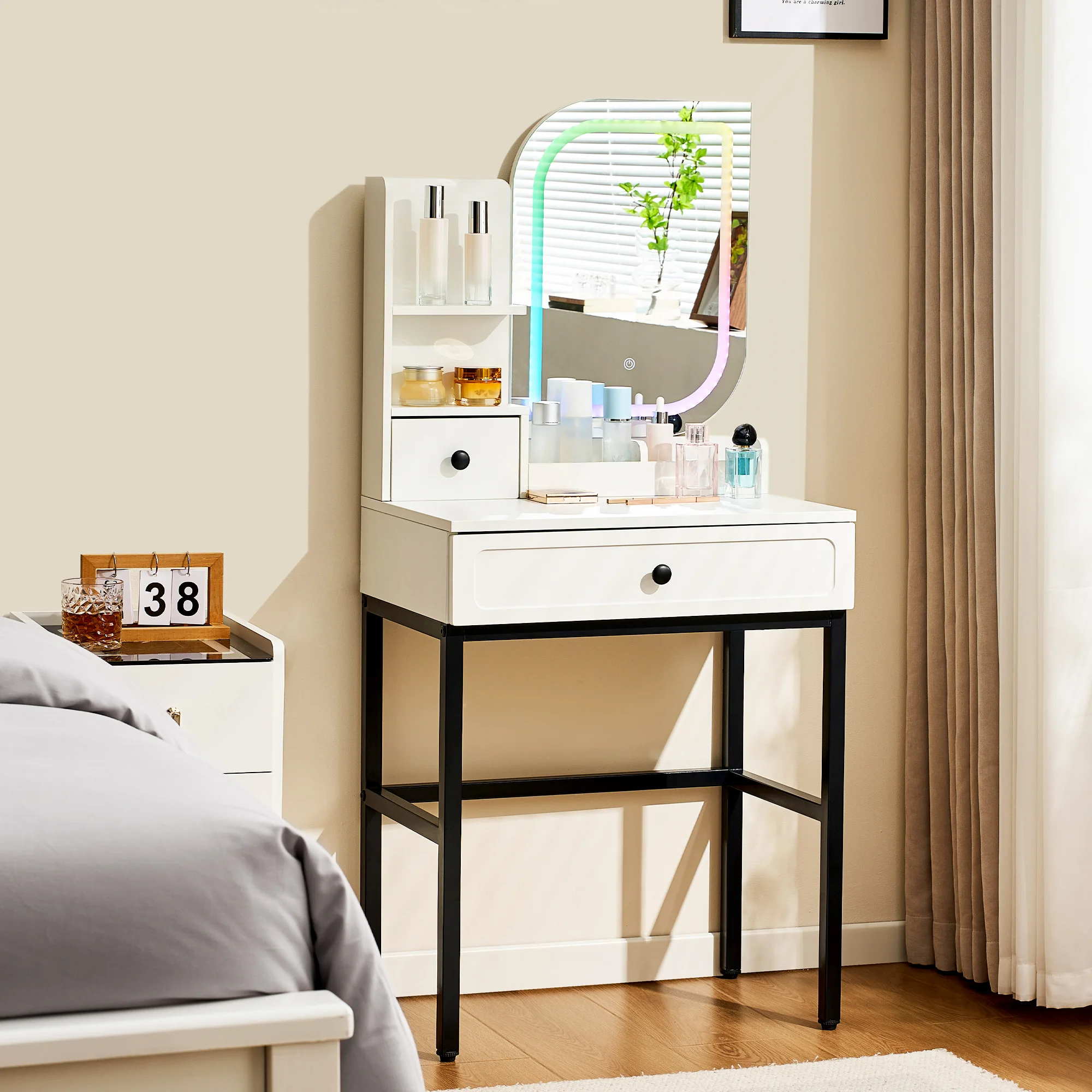 kf-S345501f25fb840799320fe63e32bdc11O Dressing Table with LED Lighting, 1 Drawer Vanity Table with Unique Mirror - Image 1