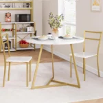 Round Dining Table Set, Mid-Century Modern Wooden Kitchen Table with 2 Upholstered Chairs and Metal Frame for Brea - Image 6