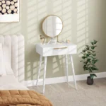 OIRA Modern Dressing Table w/ 2 Drawers Round Mirror for Bedroom White