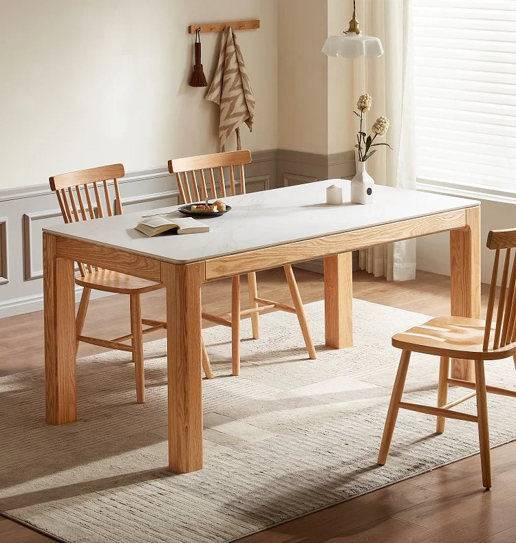 kf-S41d98c108f5d4f26b6933530c185f247a Nordic Style Solid OAK Wood Legs Sintered Stone Top Rustic Dinning Table Set Modern Dinning Table Set 6 Chair - Image 1