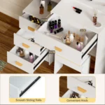 White Vanity Desk Set with 10 Led Bulbs 3 Color Dimmable Makeup Mirror, Stool & Storage, Bedroom Dressing Table Furniture - Image 5