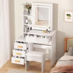 Bedroom Dressing Table Vanity Desk with Sliding Mirror and Lights Makeup Table with Hidden Storage Space - Image 2