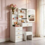 White Vanity Desk Set with 10 Led Bulbs 3 Color Dimmable Makeup Mirror, Stool & Storage, Bedroom Dressing Table Furniture - Image 2