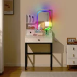 Dressing Table with LED Lighting, 1 Drawer Vanity Table with Unique Mirror - Image 6