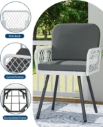 Patio Dining Chairs Set of 2, White Hand-Woven Rattan Outdoor Armchairs with Cushions, Black Metal Frame Seating for Garden - Image 4