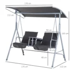 2 Seater Garden Swing Chair Patio Rocking Bench Double Padded Seats, Storage Bag and Tray, Grey - Image 4