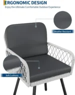 Patio Dining Chairs Set of 2, White Hand-Woven Rattan Outdoor Armchairs with Cushions, Black Metal Frame Seating for Garden - Image 5