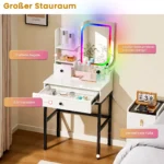 Dressing Table with LED Lighting, 1 Drawer Vanity Table with Unique Mirror - Image 4