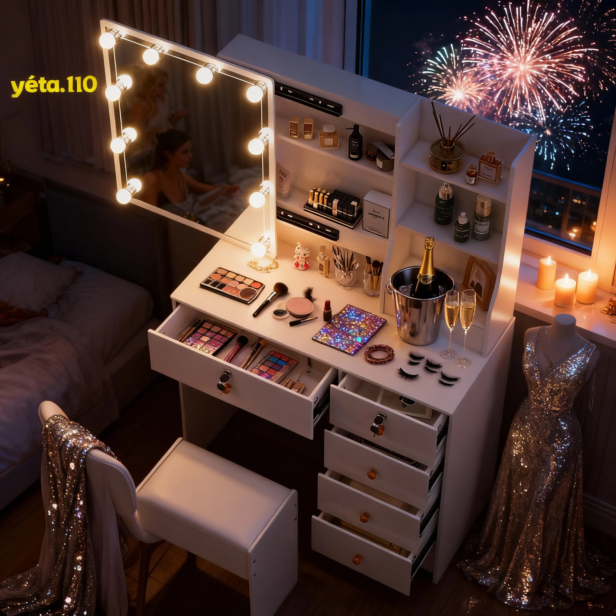 kf-S5c0f8728f49d4d398b4c13556cd3d617E White Dressing Table with Led Lights Large Mirror 6 Drawers White Makeup Desk - Image 1