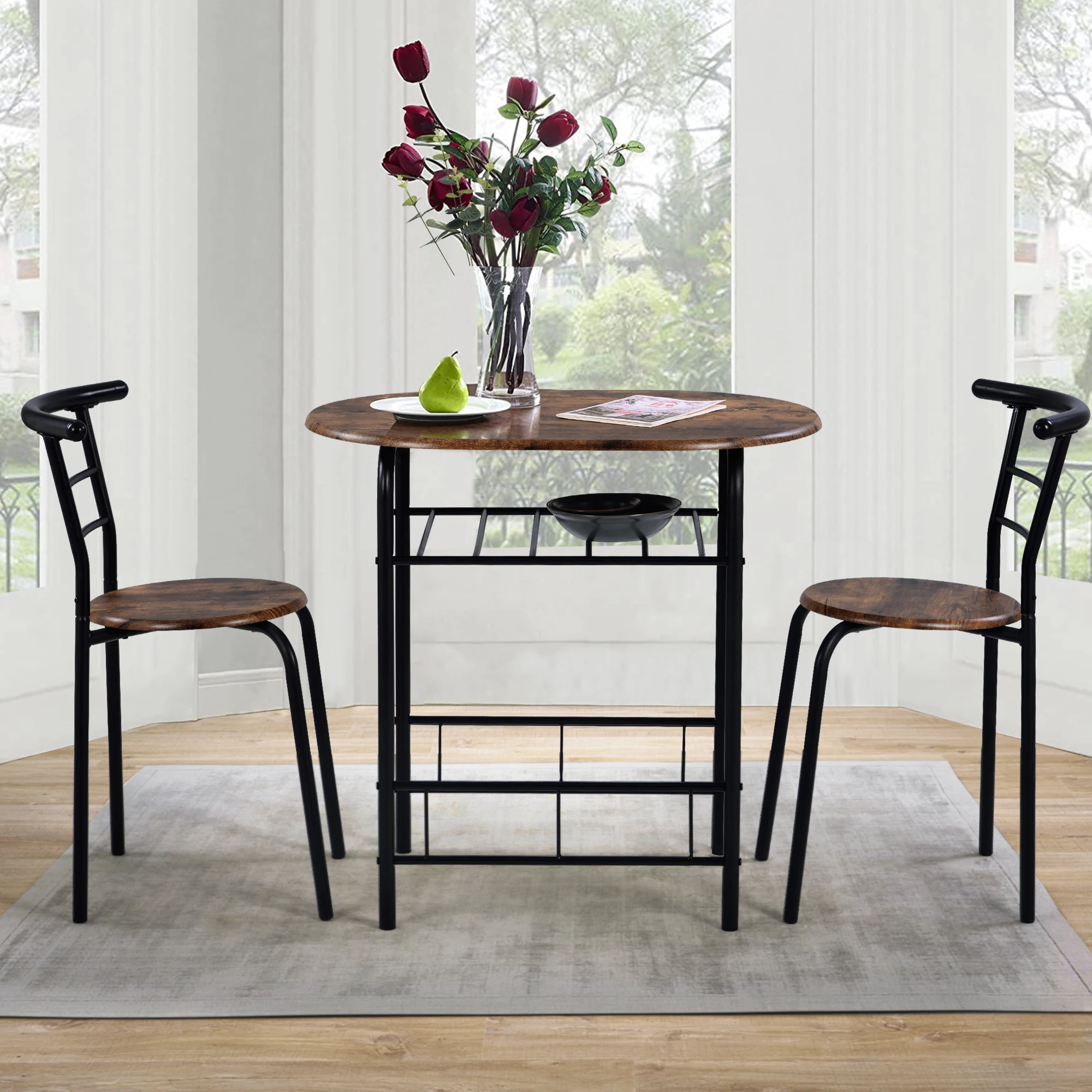 kf-S5e3fc9ae71e746cfb9651232ce0d6a4cQ 3 Piece DiningTable & Chair Set for Kitchen Dining Room Compact Space Wooden Steel Frame (Brown) - Image 1