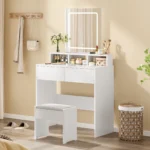 Dressing Table with LED Lights and Mirror, Vanity Desk with Adjustable Brightness, 2 Drawers, 3 Open Shelves, 80x40x140.5cm