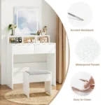 Dressing Table with LED Lights and Mirror, Vanity Desk with Adjustable Brightness, 2 Drawers, 3 Open Shelves, 80x40x140.5cm - Image 5