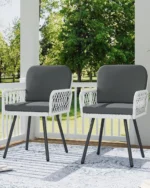 Patio Dining Chairs Set of 2, White Hand-Woven Rattan Outdoor Armchairs with Cushions, Black Metal Frame Seating for Garden