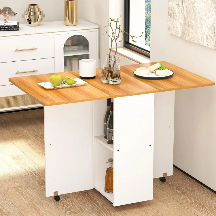 kf-S6b0535ec3d9e4e2fac5c5804210f5a5bQ Multifunctional Folding Dining Tables Wooden Movable Wheels Shelves Suitable Kitchen Living Room Save Space Restaurant Furniture - Image 1