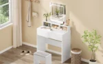 Dressing Table with LED Lights and Mirror, Vanity Desk with Adjustable Brightness, 2 Drawers, 3 Open Shelves, 80x40x140.5cm - Image 9