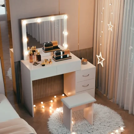 Dressing Table Set with LED Lighting Bulbs, Vanity Makeup Desk with 2 Storage Drawer Dressing Table
